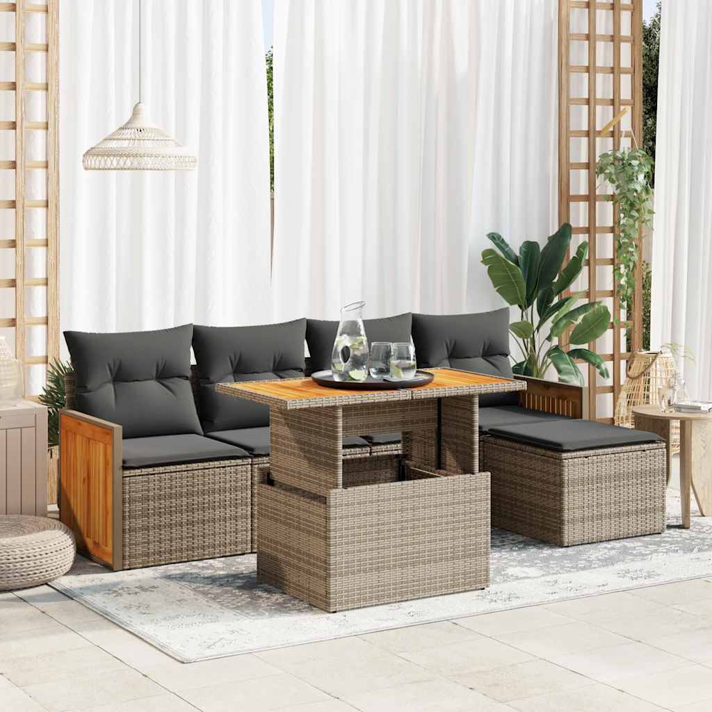 vidaXL 6-tlg. Garten-Sofagarnitur mit Kissen Grau Poly Rattan Akazie