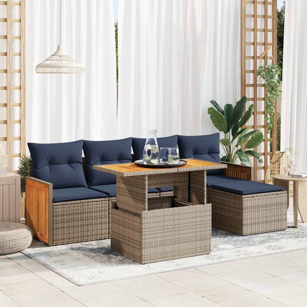 sofasæt til haven 6 dele med hynder polyrattan akacietræ grå