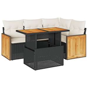 Vrtna sedežna garnitura 5-delna z blazinami poli ratan/akacija - slika 2