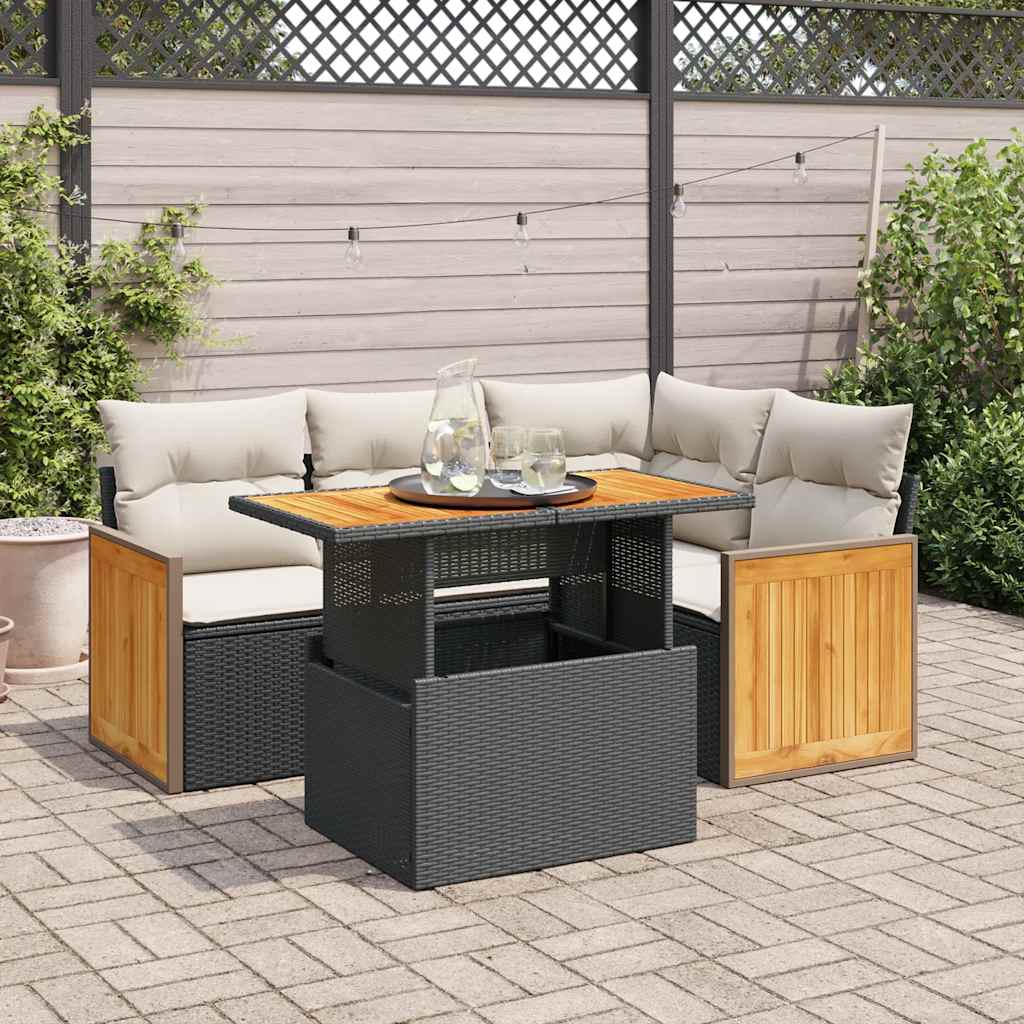 vidaXL 5tlg. Garten-Sofagarnitur mit Kissen Schwarz Poly Rattan Akazie