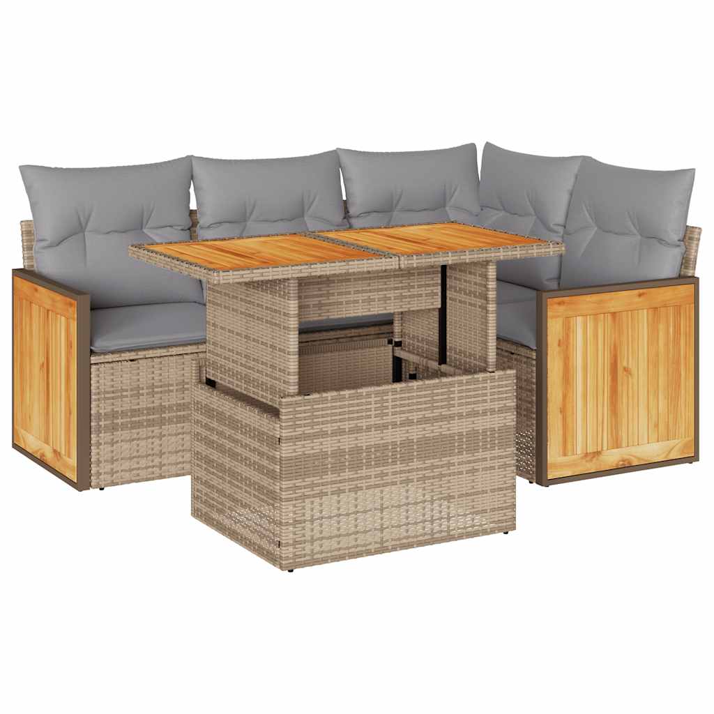 Thumbnail - vidaXL 5-tlg. Garten-Sofagarnitur mit Kissen Beige Poly Rattan Akazie
