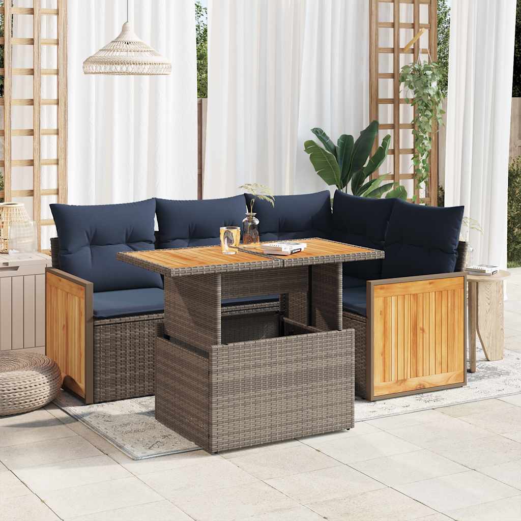 sofasæt 5 dele med hynder polyrattan akacietræ grå