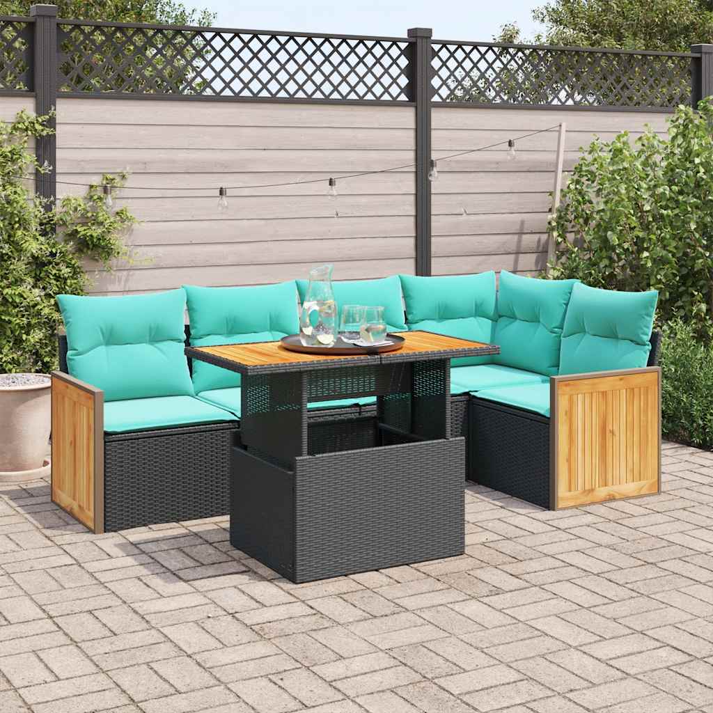 vidaXL 6-tlg. Garten-Sofagarnitur mit Kissen Schwarz Poly Rattan