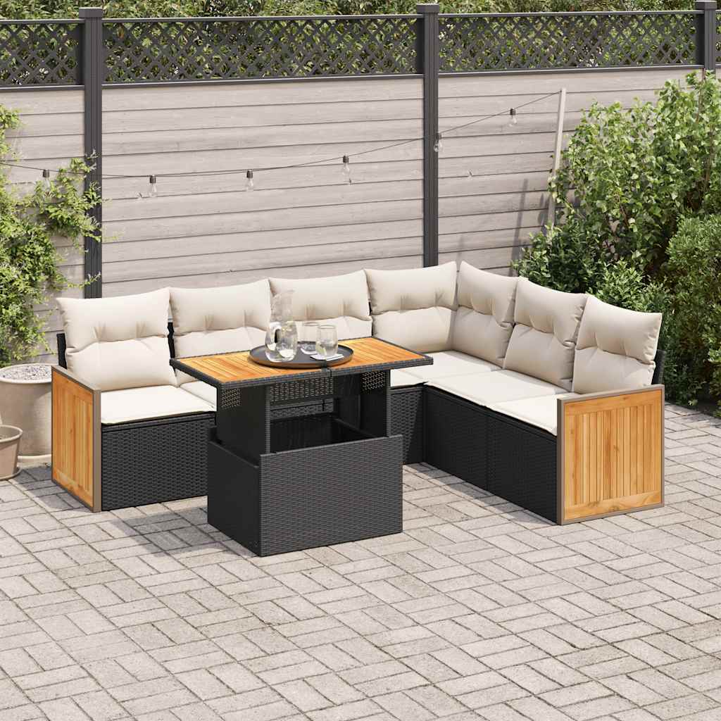 vidaXL 7-tlg. Garten-Sofagarnitur mit Kissen Schwarz Poly Rattan