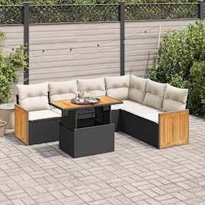 Vrtna sedežna garnitura z blazinami 7-delna črn ratan/akacija