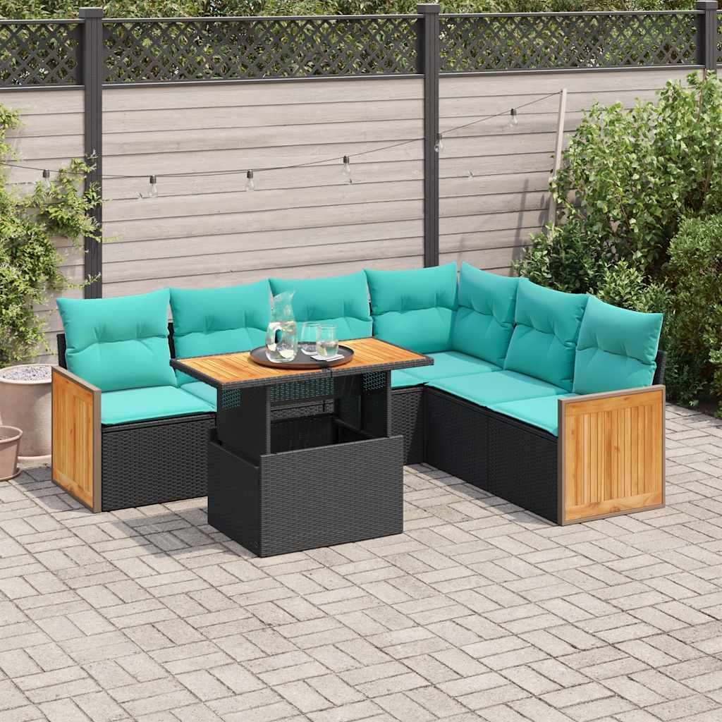 vidaXL 7-tlg. Garten-Sofagarnitur mit Kissen Schwarz Poly Rattan