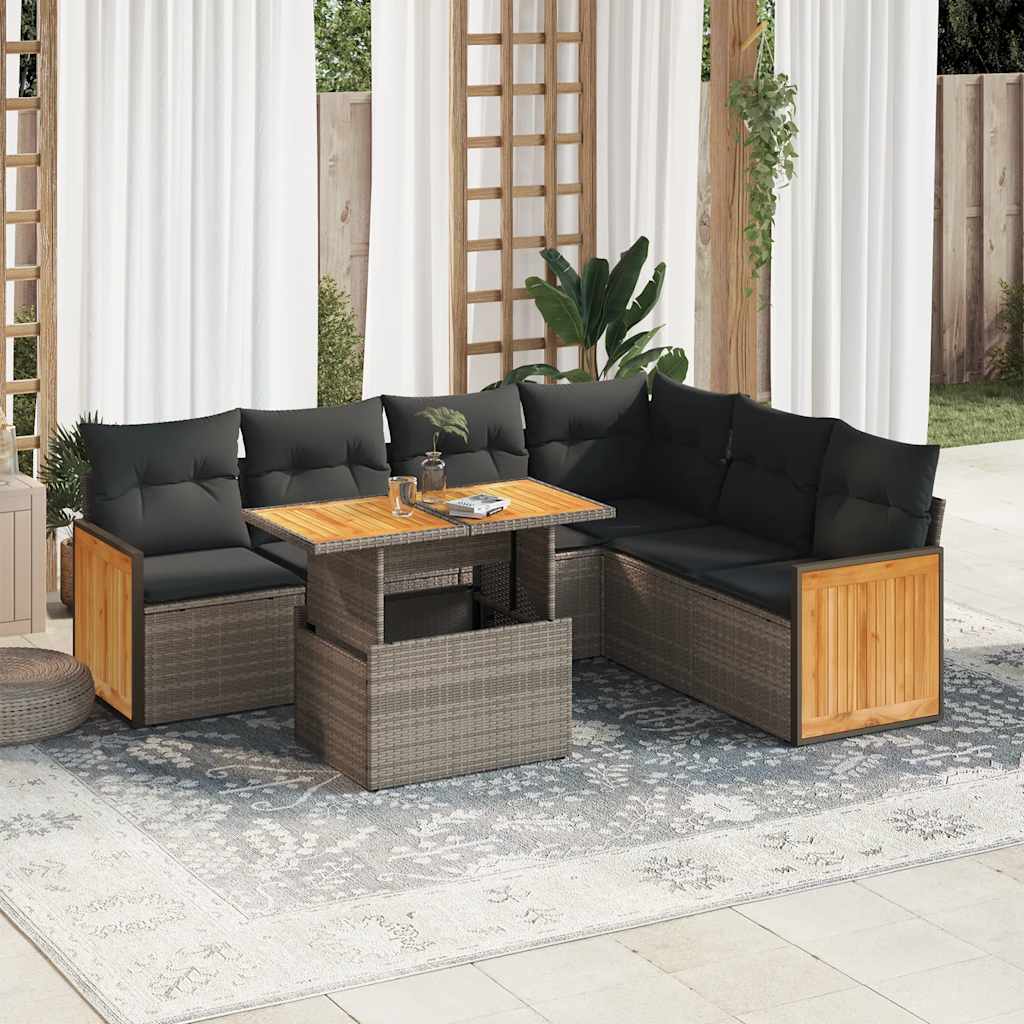 vidaXL 7-tlg. Garten-Sofagarnitur mit Kissen Grau Poly Rattan Akazie