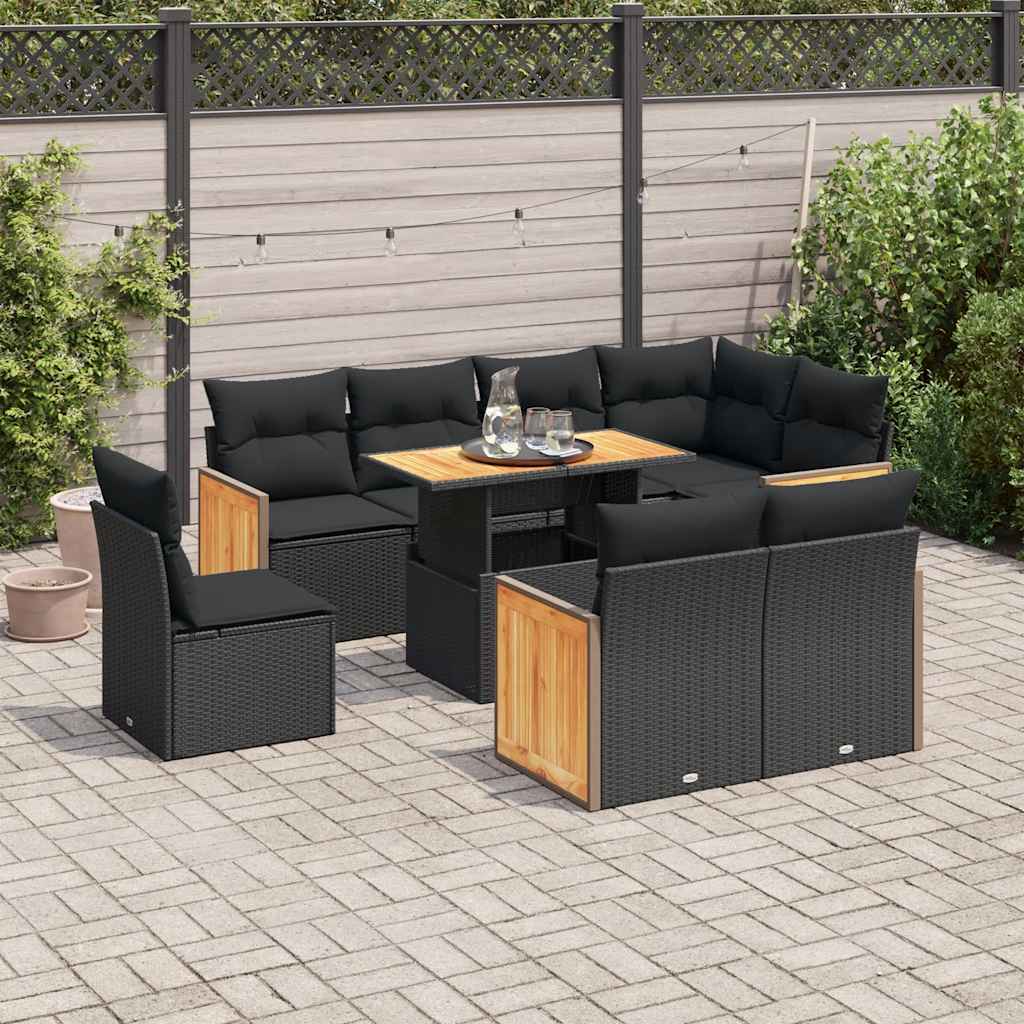 vidaXL Set mobilier grădină perne 9 piese negru poliratan/lemn acacia