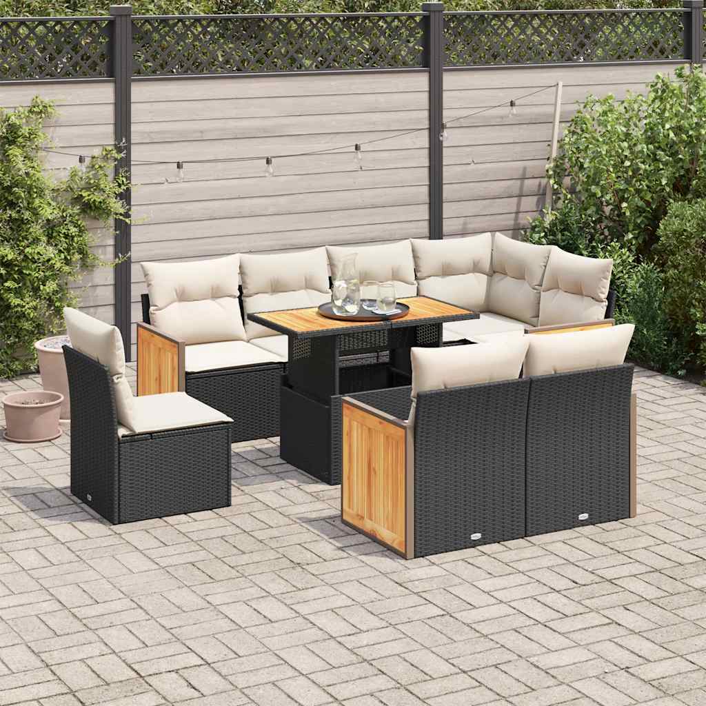 vidaXL 9-tlg. Garten-Sofagarnitur mit Kissen Schwarz Poly Rattan