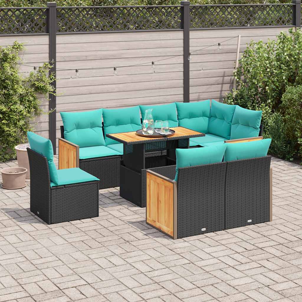 vidaXL 9-tlg. Garten-Sofagarnitur mit Kissen Schwarz Poly Rattan