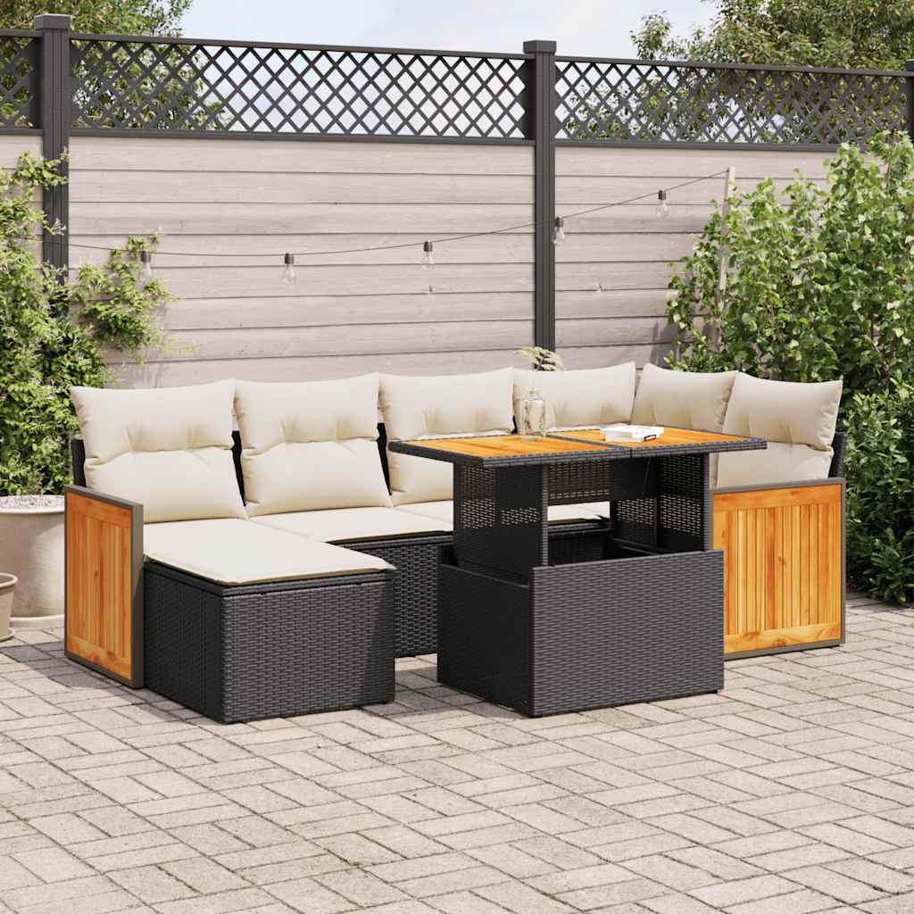 vidaXL 7-tlg. Garten-Sofagarnitur mit Kissen Schwarz Poly Rattan