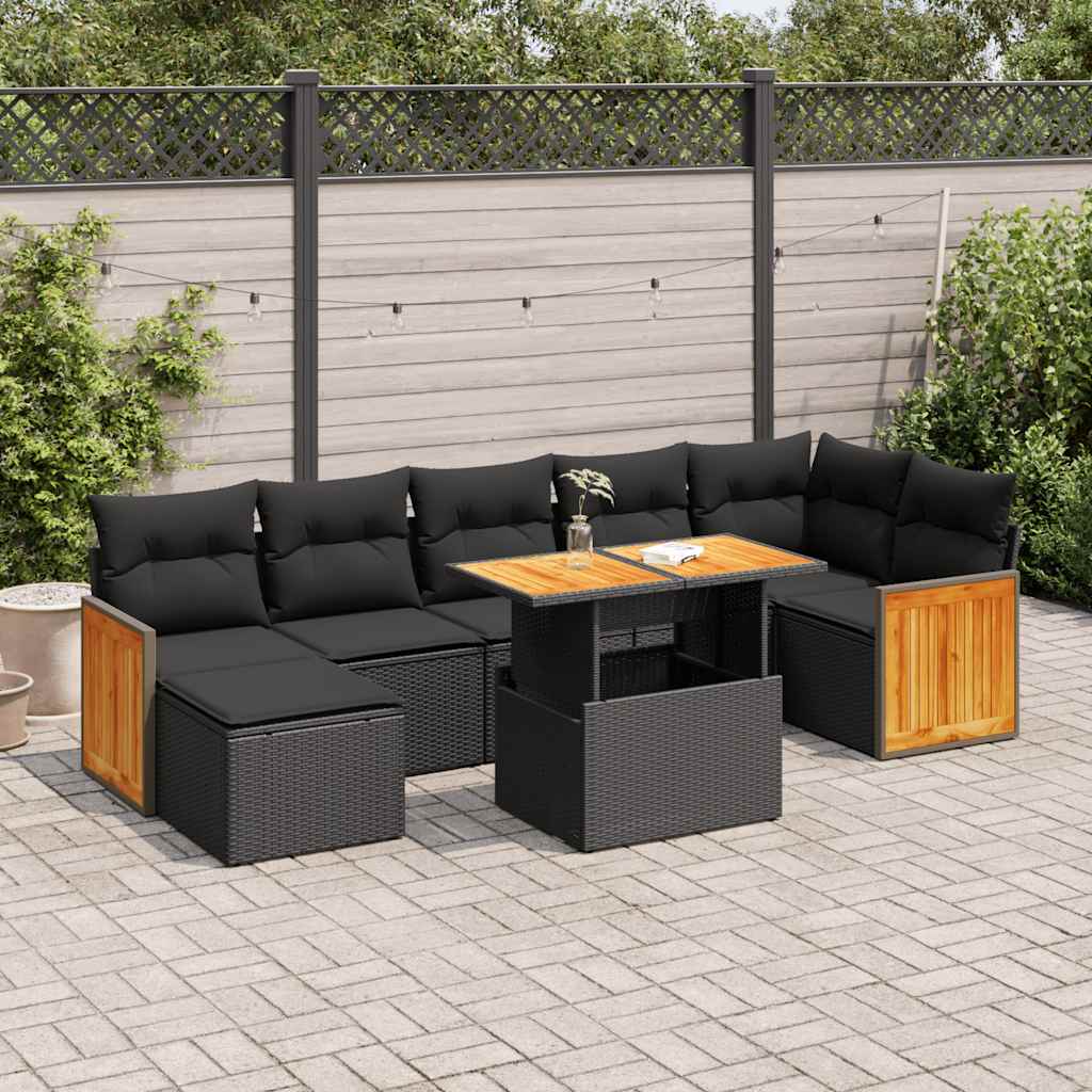 vidaXL Set mobilier grădină perne 8 piese negru, poliratan/lemn acacia