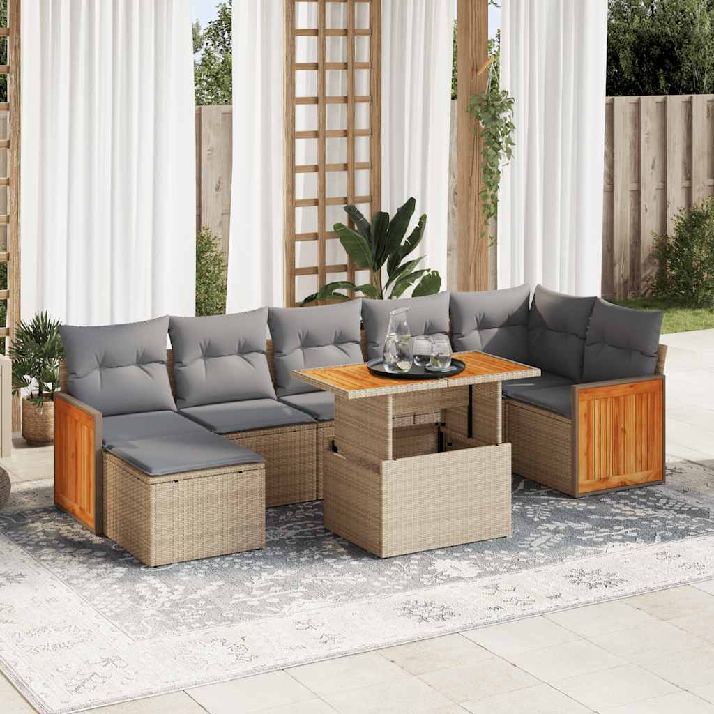 vidaXL 8-tlg. Garten-Sofagarnitur mit Kissen Beige Poly Rattan Akazie