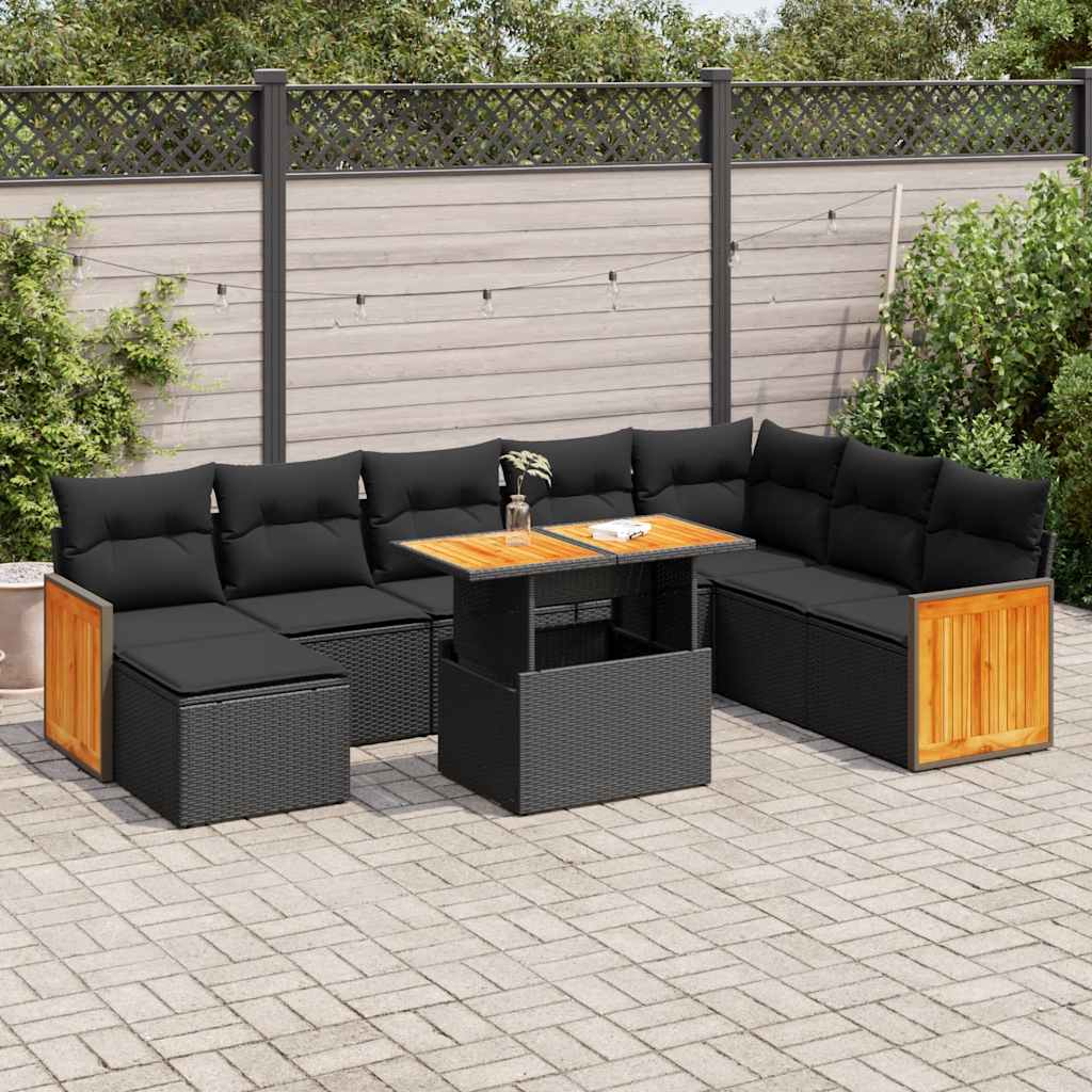 vidaXL Set mobilier grădină perne 9 piese negru poliratan/lemn acacia