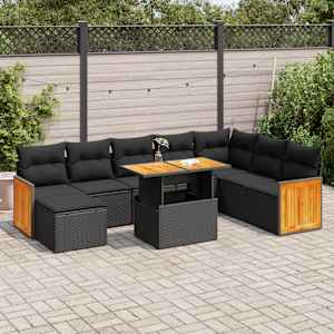 Vrtna sedežna garnitura z blazinami 9-delna črn ratan/akacija