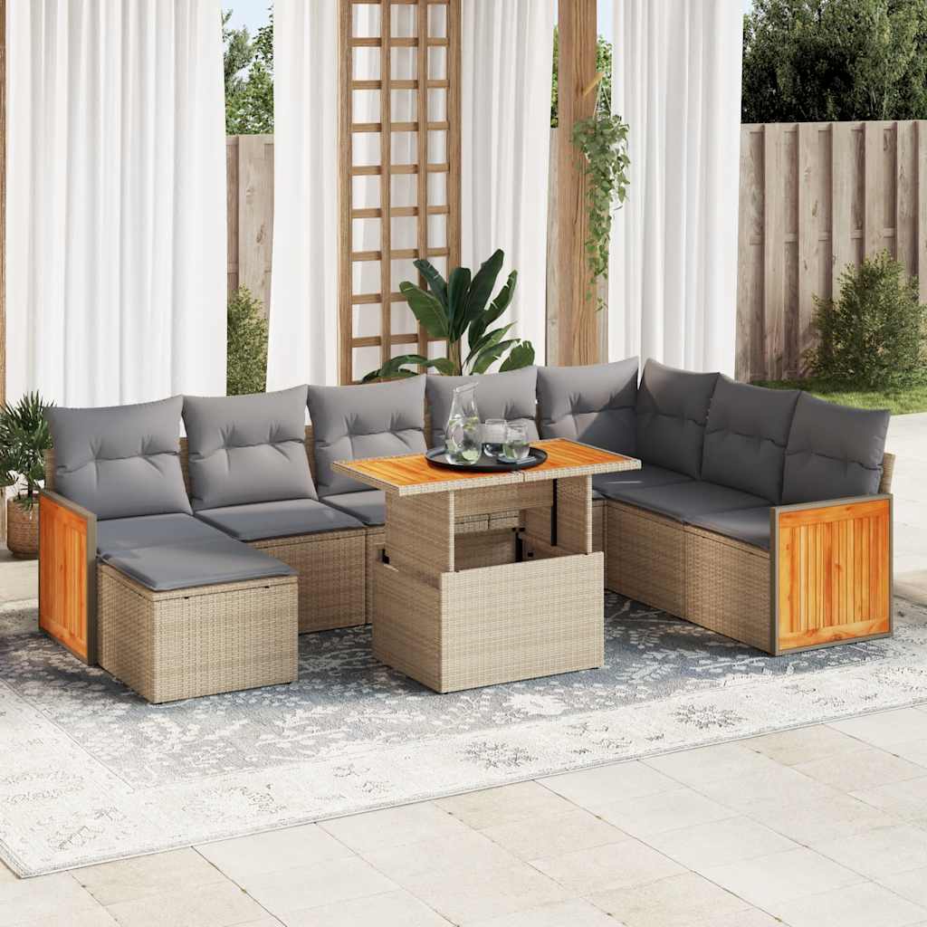 vidaXL 9-tlg. Garten-Sofagarnitur mit Kissen Beige Poly Rattan Akazie