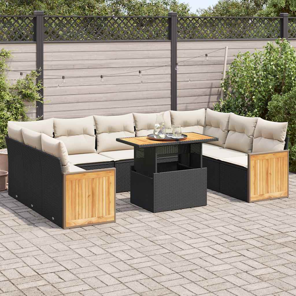 vidaXL 10-tlg. Garten-Sofagarnitur mit Kissen Schwarz Poly Rattan