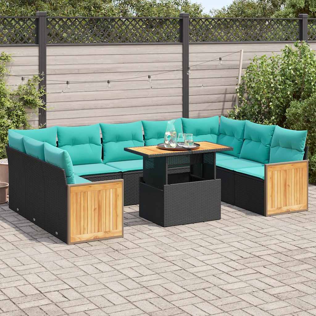 vidaXL 10-tlg. Garten-Sofagarnitur mit Kissen Schwarz Poly Rattan