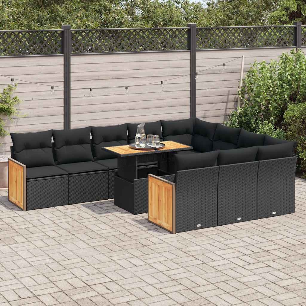 vidaXL 11-tlg. Garten-Sofagarnitur mit Kissen Schwarz Poly Rattan