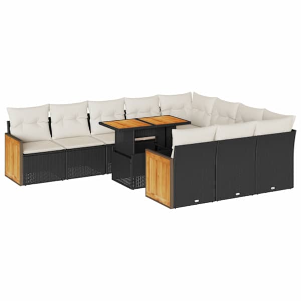 vidaXL 11-osaline aiadiivani komplekt patjadega, must, rotang/akaatsia