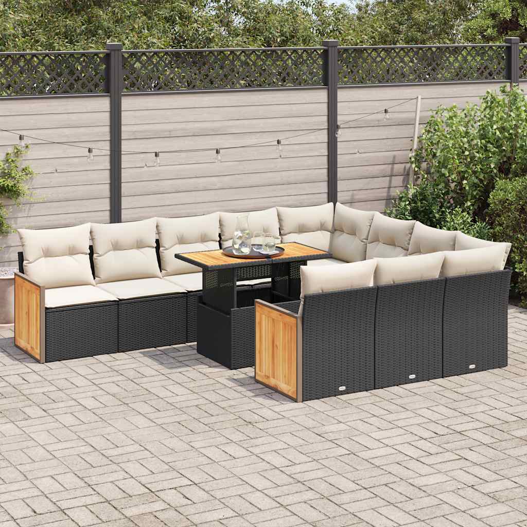 vidaXL 11-tlg. Garten-Sofagarnitur mit Kissen Schwarz Poly Rattan