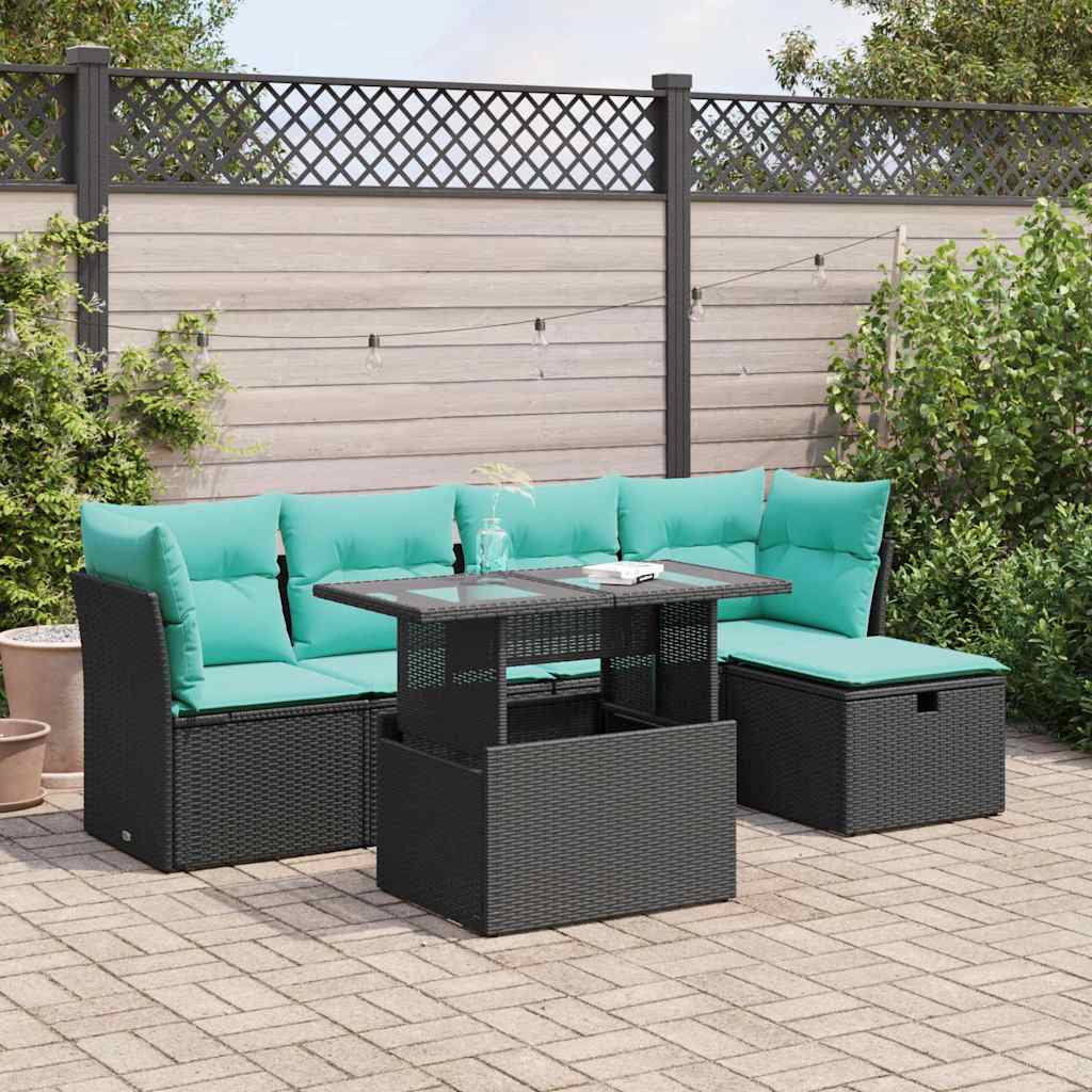 vidaXL 6-tlg. Garten-Sofagarnitur mit Kissen Schwarz Poly Rattan