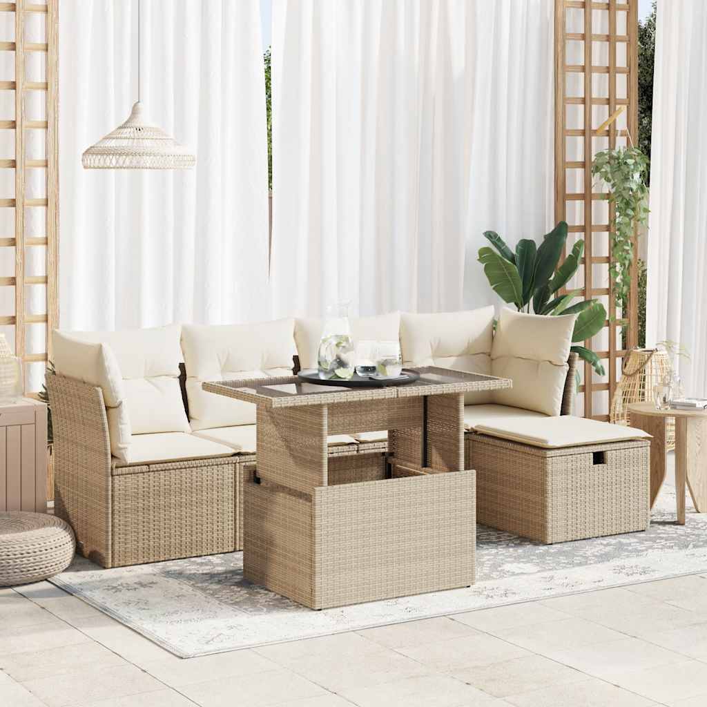 vidaXL 6-tlg. Garten-Sofagarnitur mit Kissen Beige Poly Rattan