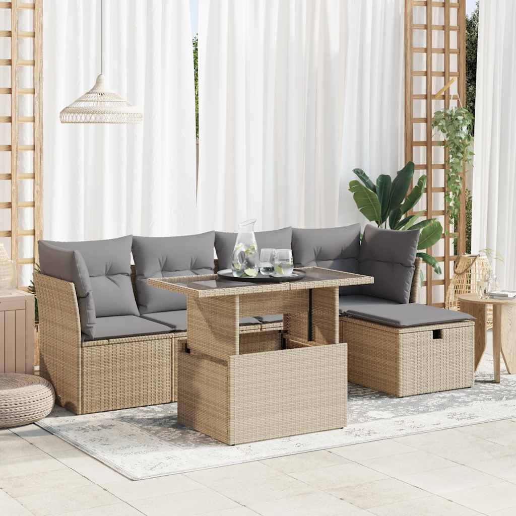 vidaXL 6-tlg. Garten-Sofagarnitur mit Kissen Beige Poly Rattan