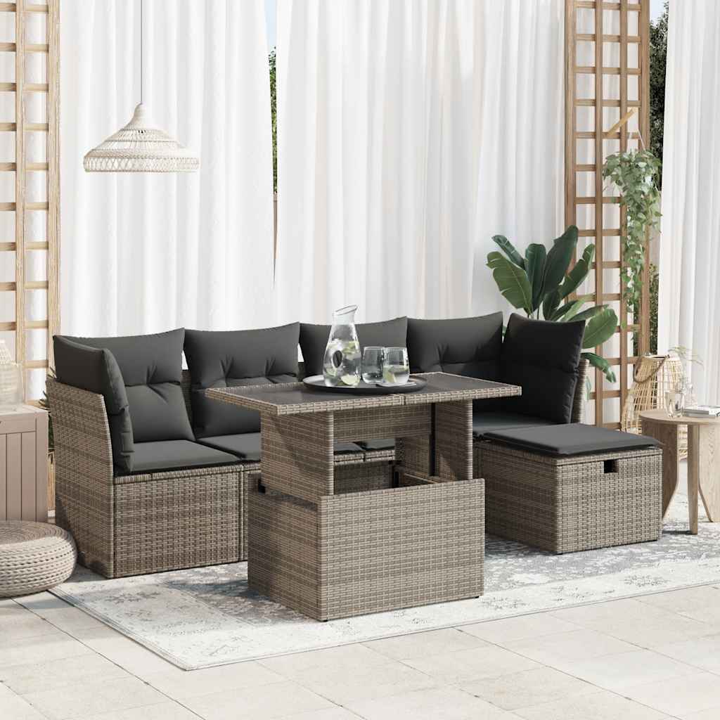 vidaXL 6-tlg. Garten-Sofagarnitur mit Kissen Grau Poly Rattan