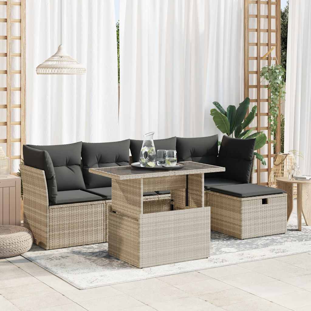 vidaXL 6-tlg. Garten-Sofagarnitur mit Kissen Hellgrau Poly Rattan