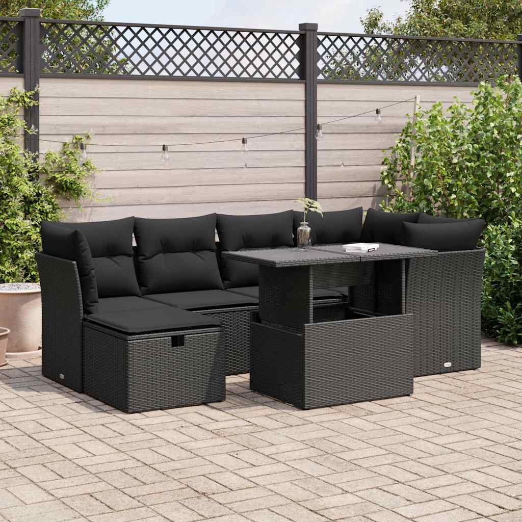 vidaXL 7-tlg. Garten-Sofagarnitur mit Kissen Schwarz Poly Rattan