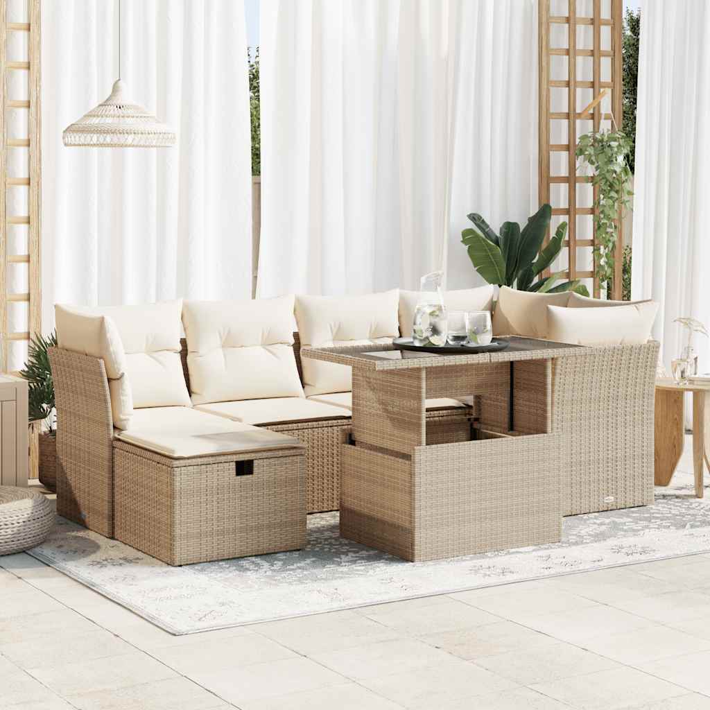 vidaXL 7-tlg. Garten-Sofagarnitur mit Kissen Beige Poly Rattan