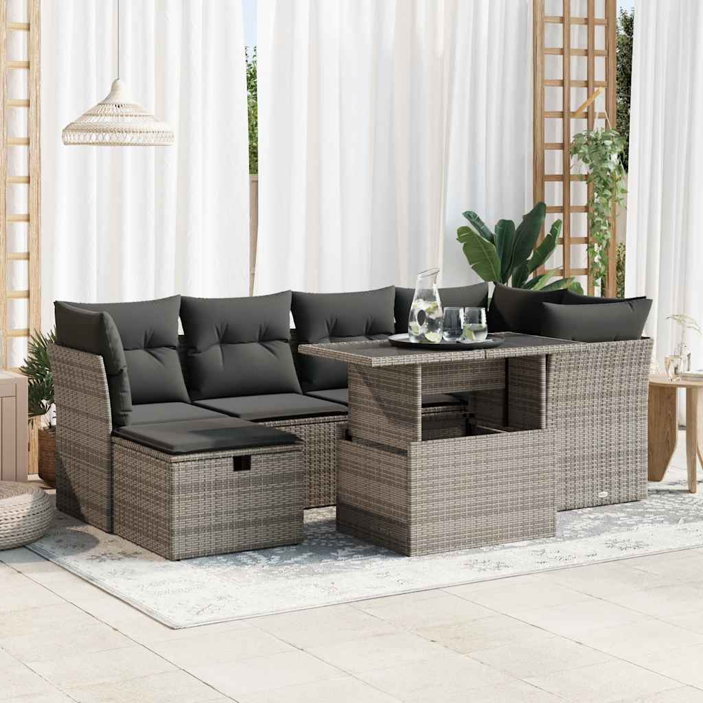 vidaXL 7-tlg. Garten-Sofagarnitur mit Kissen Grau Poly Rattan