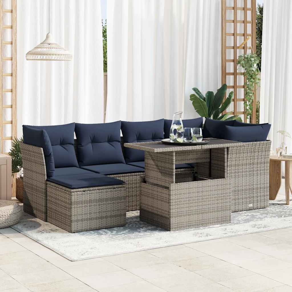 vidaXL 7-tlg. Garten-Sofagarnitur mit Kissen Grau Poly Rattan Akazie
