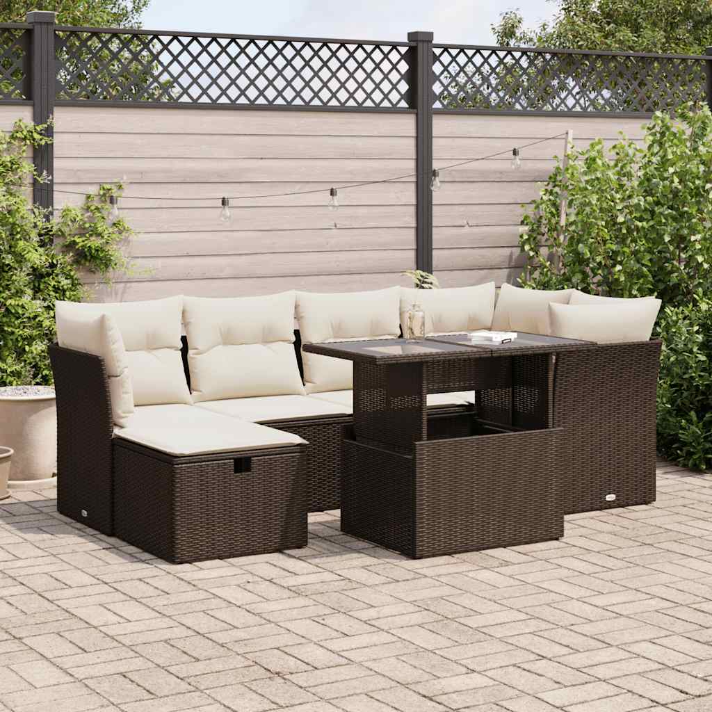 vidaXL 7-tlg. Garten-Sofagarnitur mit Kissen Braun Poly Rattan