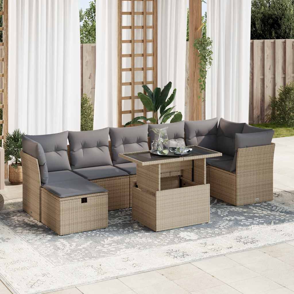 vidaXL 8-tlg. Garten-Sofagarnitur mit Kissen Beige Poly Rattan