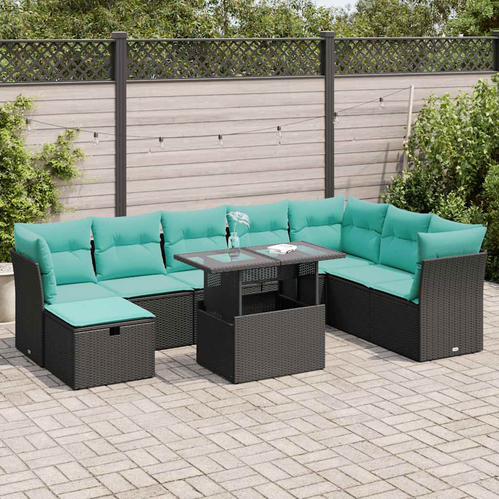 vidaXL 9-tlg. Garten-Sofagarnitur mit Kissen Schwarz Poly Rattan