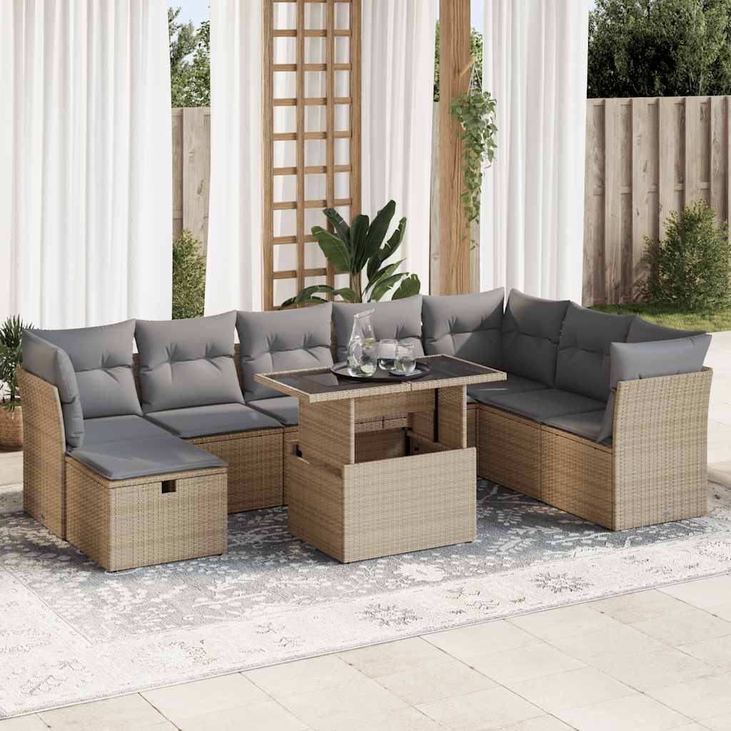 vidaXL 9-tlg. Garten-Sofagarnitur mit Kissen Beige Poly Rattan