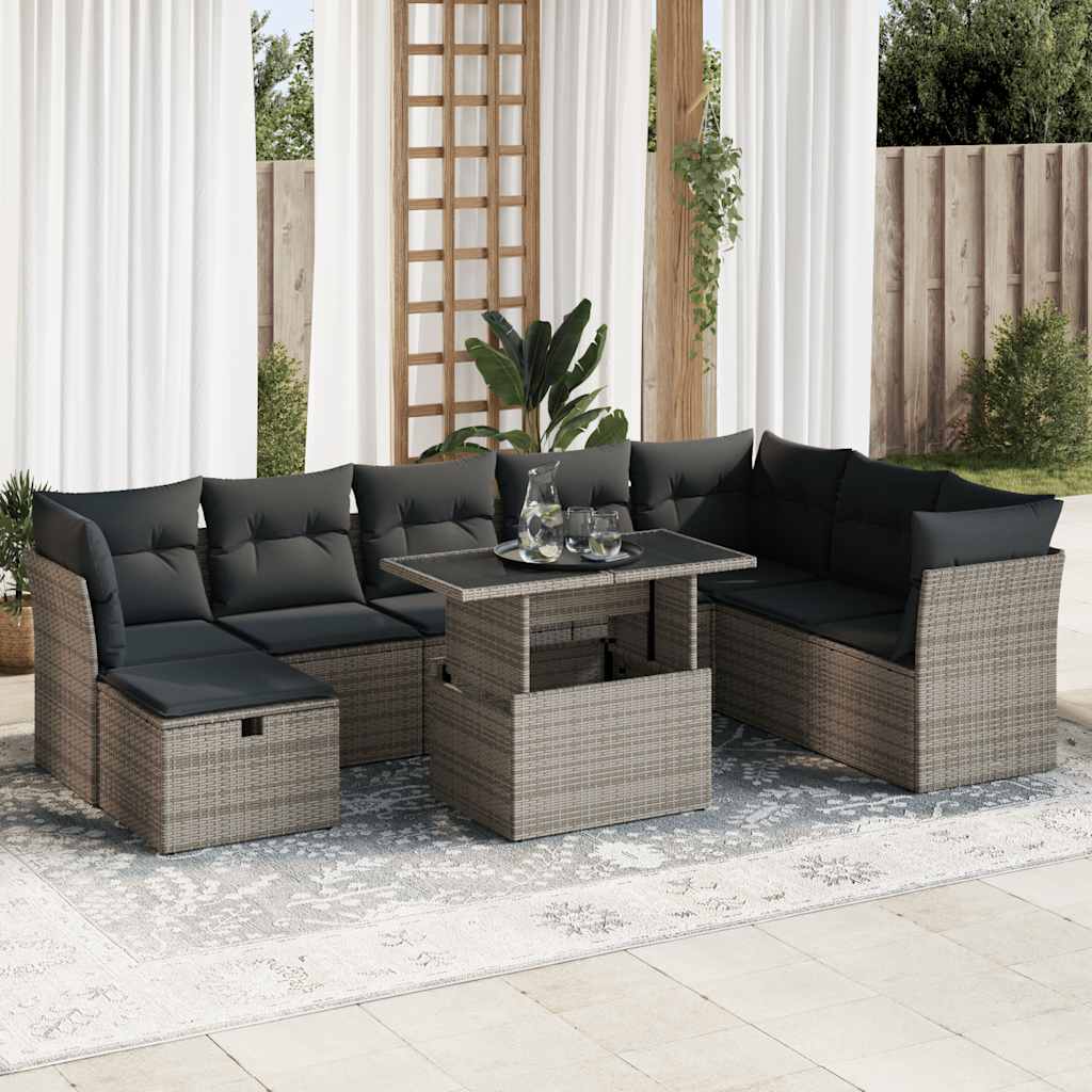 vidaXL 9-tlg. Garten-Sofagarnitur mit Kissen Grau Poly Rattan