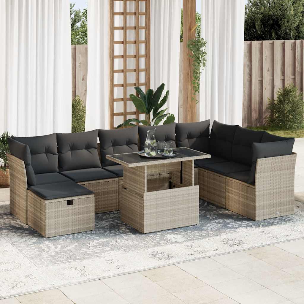 vidaXL 9-tlg. Garten-Sofagarnitur mit Kissen Hellgrau Poly Rattan