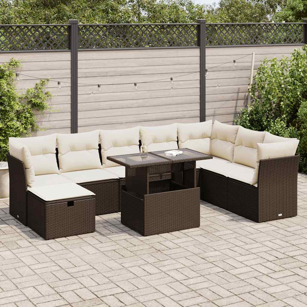 vidaXL 9-tlg. Garten-Sofagarnitur mit Kissen Braun Poly Rattan