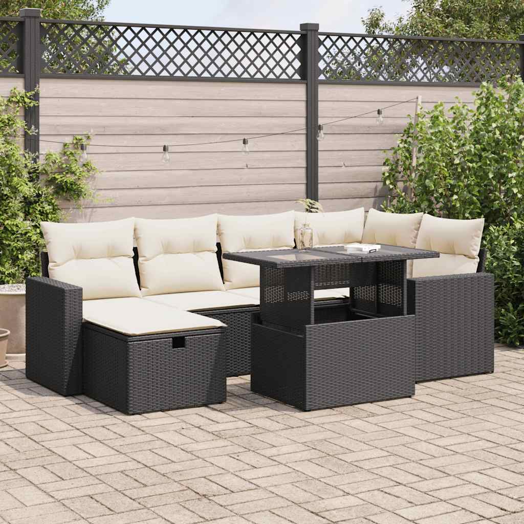 vidaXL 7-tlg. Garten-Sofagarnitur mit Kissen Schwarz Poly Rattan