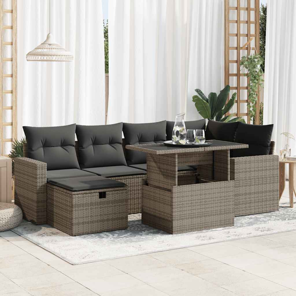 vidaXL 7-tlg. Garten-Sofagarnitur mit Kissen Grau Poly Rattan