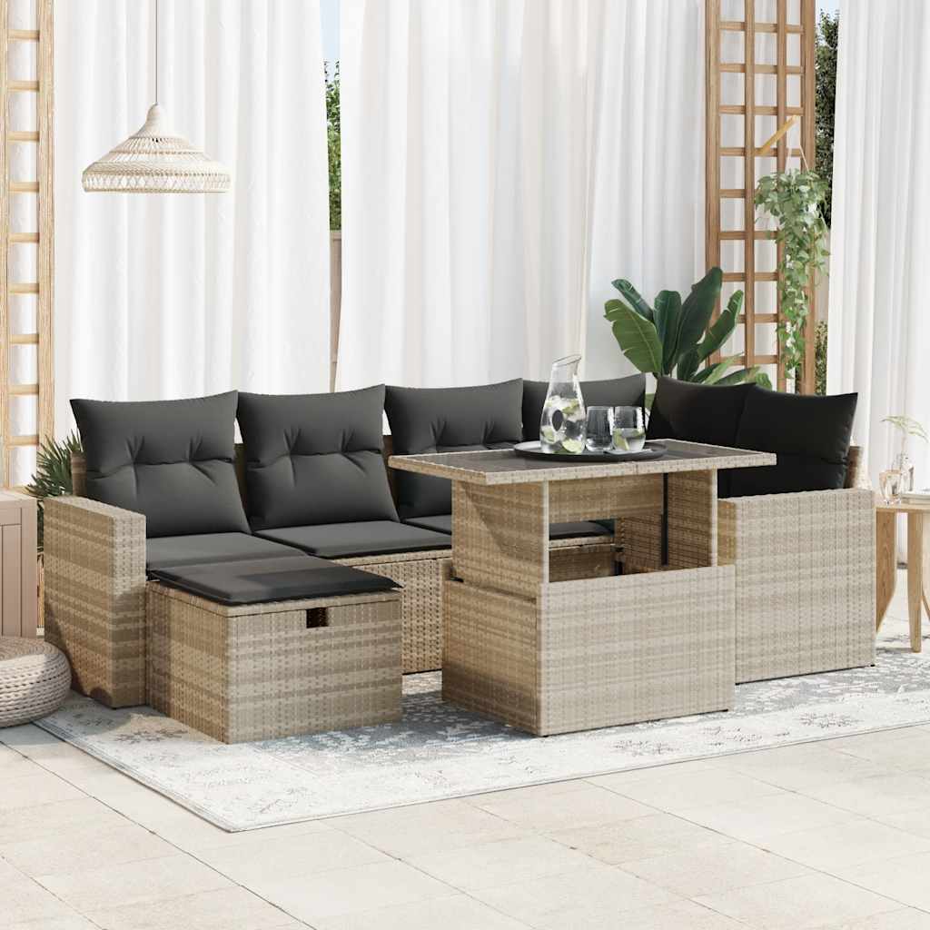 vidaXL 7-tlg. Garten-Sofagarnitur mit Kissen Hellgrau Poly Rattan