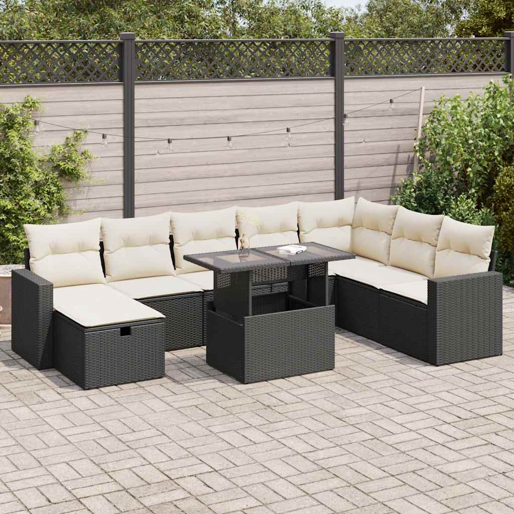 vidaXL 9-tlg. Garten-Sofagarnitur mit Kissen Schwarz Poly Rattan