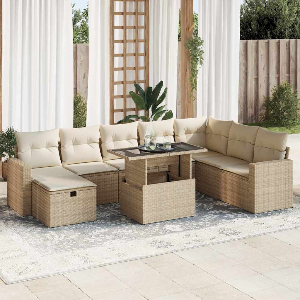 vidaXL Set canapele de grădină, 9 piese, cu perne, bej, poliratan