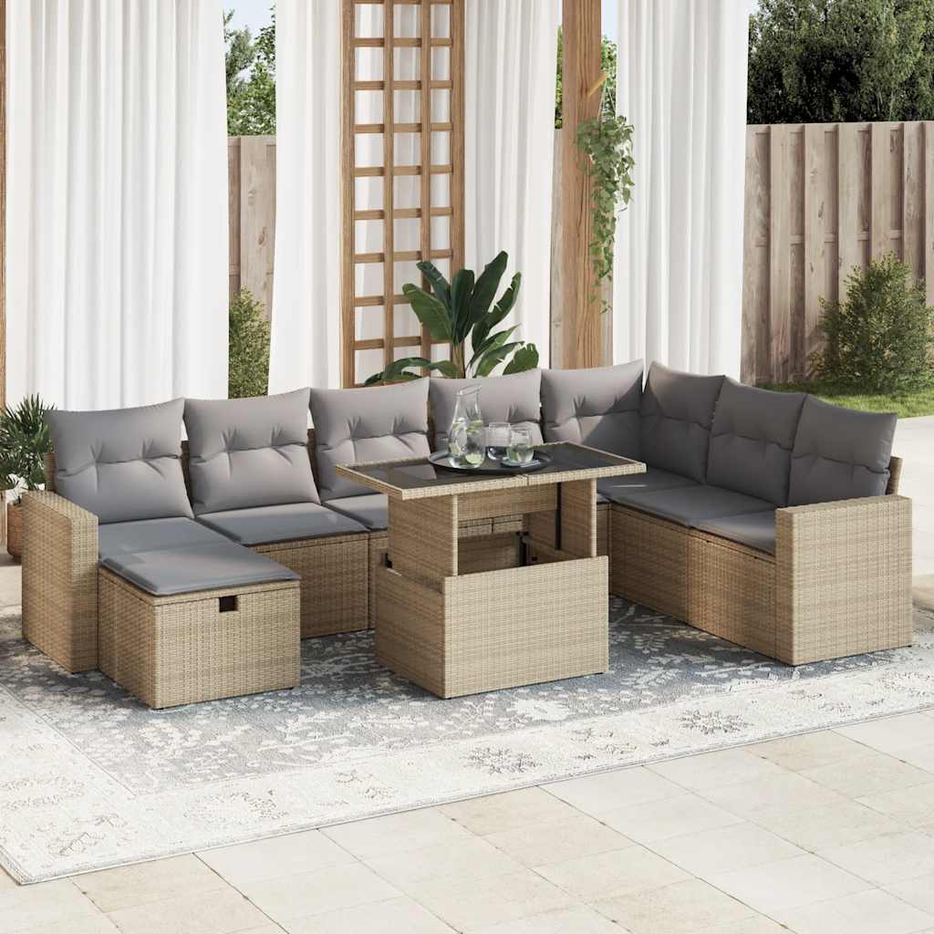 vidaXL 9-tlg. Garten-Sofagarnitur mit Kissen Beige Poly Rattan