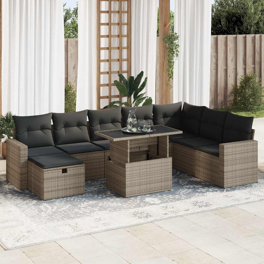 vidaXL 9-tlg. Garten-Sofagarnitur mit Kissen Grau Poly Rattan