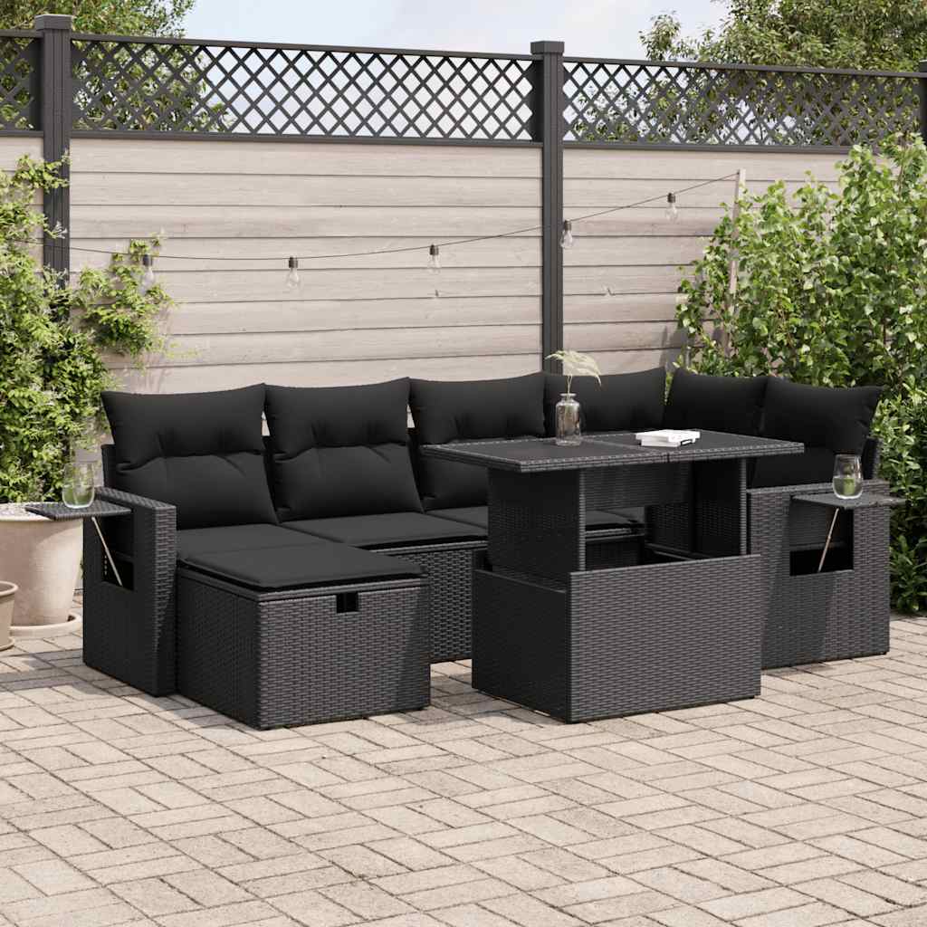 vidaXL 7-tlg. Garten-Sofagarnitur mit Kissen Schwarz Poly Rattan