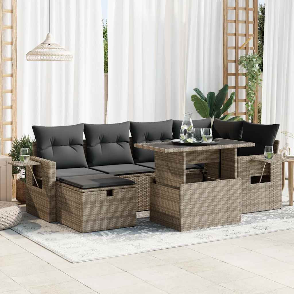 vidaXL 7-tlg. Garten-Sofagarnitur mit Kissen Grau Poly Rattan